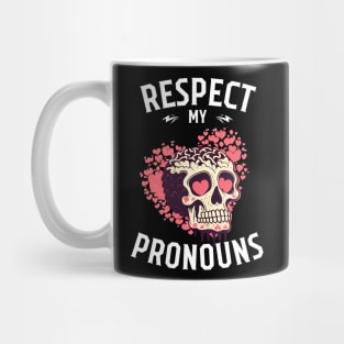 Respect my Pronouns, skull with pink hearts Mug